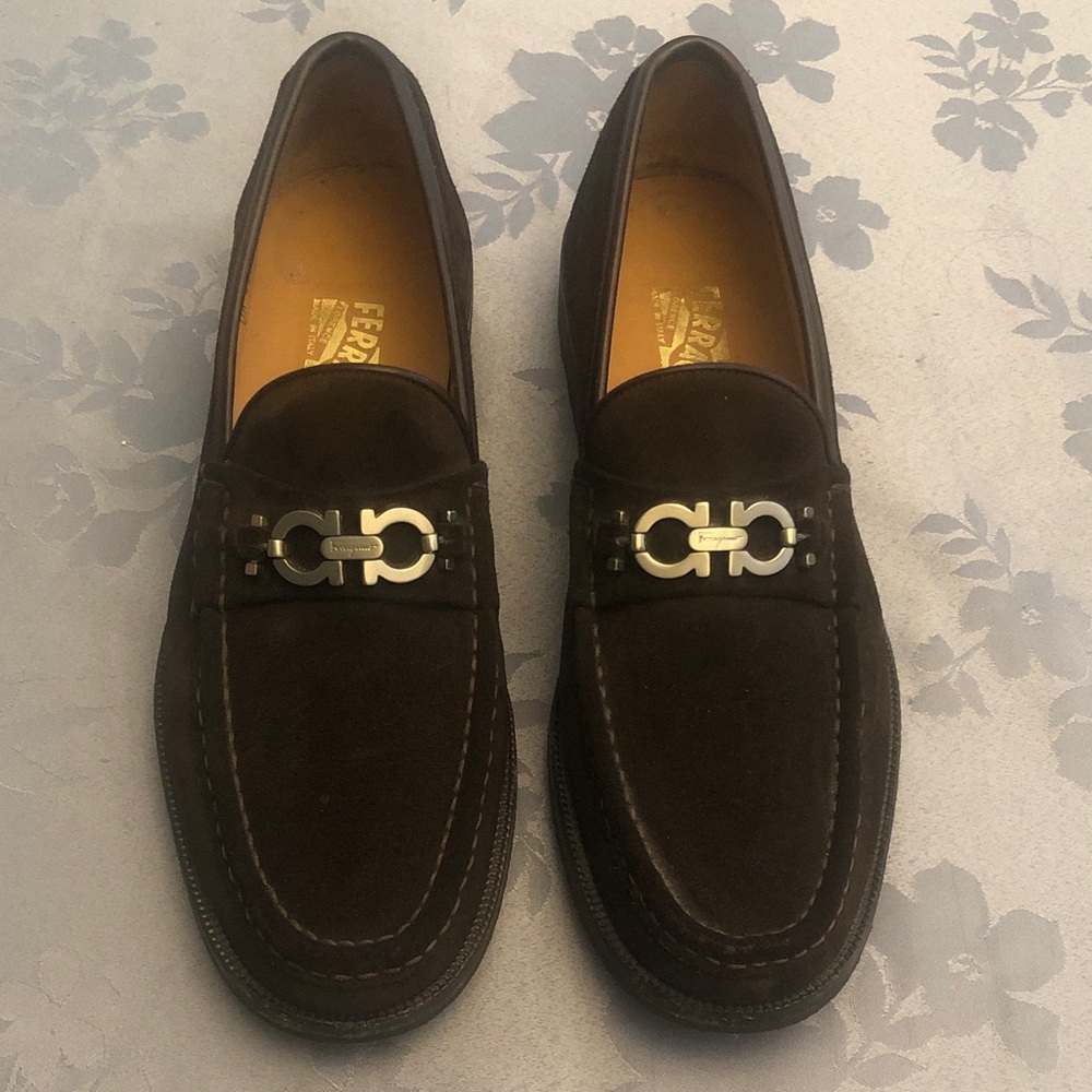 Salvatore Ferragamo Dark Brown Suede Gancini Bit Loafers
